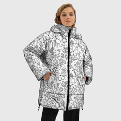 Куртка зимняя женская Цветочки черные на белом, цвет: 3D-светло-серый — фото 2