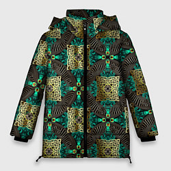 Куртка зимняя женская Золотые и зеленые квадраты абстракция, цвет: 3D-черный