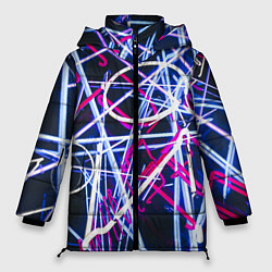 Куртка зимняя женская Неоновые хаотичные линии и буквы - Синий, цвет: 3D-красный