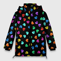 Куртка зимняя женская Сердечки разноцветные на черном, цвет: 3D-красный
