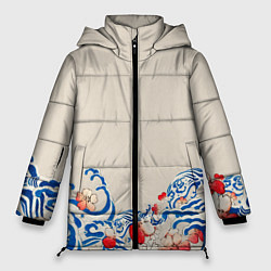 Куртка зимняя женская Японский орнамент волн, цвет: 3D-черный
