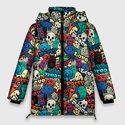 Куртка зимняя женская Граффити черепа и рожицы, цвет: 3D-черный