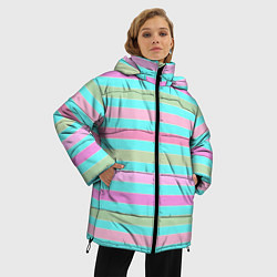 Куртка зимняя женская Pink turquoise stripes horizontal Полосатый узор, цвет: 3D-черный — фото 2