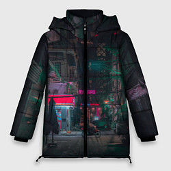 Куртка зимняя женская Неоновый мрачный город - Тёмно-зелёный, цвет: 3D-красный