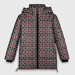 Куртка зимняя женская Красный, черный квадраты на гранжевом сером, цвет: 3D-черный