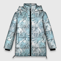 Куртка зимняя женская Голубые листья пальмы на белом, цвет: 3D-светло-серый