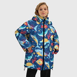 Куртка зимняя женская Акула, скат и другие обитатели океана - лето, цвет: 3D-черный — фото 2
