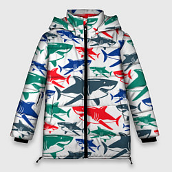 Куртка зимняя женская Стая разноцветных акул - паттерн, цвет: 3D-черный