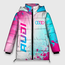 Куртка зимняя женская Audi neon gradient style: символ и надпись вертика, цвет: 3D-черный