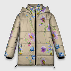 Куртка зимняя женская Нарисованные Цветы Колокольчики и Пчёлы, цвет: 3D-красный