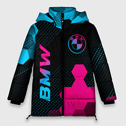 Женская зимняя куртка BMW - neon gradient: символ и надпись вертикально