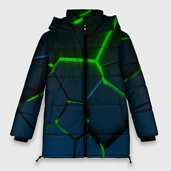 Куртка зимняя женская Разлом зеленых неоновых плит - геометрия, цвет: 3D-черный