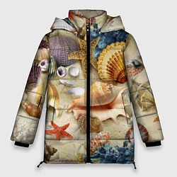 Куртка зимняя женская Морские раковины, кораллы, морские звёзды на песке, цвет: 3D-черный