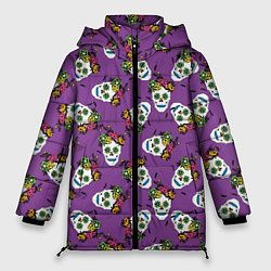 Куртка зимняя женская Сахарные черепа на фиолетовом паттерн, цвет: 3D-светло-серый