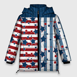 Куртка зимняя женская Blue stars on a striped pattern, цвет: 3D-красный
