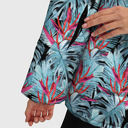 Куртка зимняя женская Голубые тропические листья и цветы, цвет: 3D-красный — фото 2