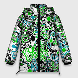 Куртка зимняя женская Зелено-голубой абстрактный узор, цвет: 3D-красный