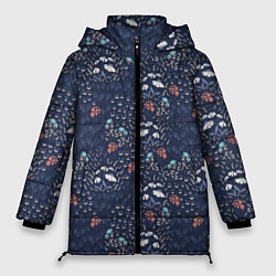 Куртка зимняя женская Мелкие цветочки на синем паттерн, цвет: 3D-красный