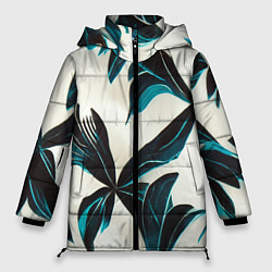 Куртка зимняя женская Листья тропические тёмно-синие, цвет: 3D-черный