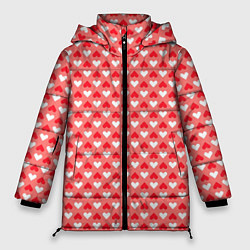 Куртка зимняя женская Белые и красные сердечки - абстракция, цвет: 3D-красный
