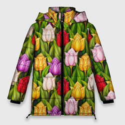 Куртка зимняя женская Объемные разноцветные тюльпаны, цвет: 3D-светло-серый