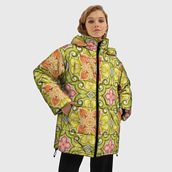 Куртка зимняя женская Зеленые узоры и оранжевые цветы, цвет: 3D-светло-серый — фото 2