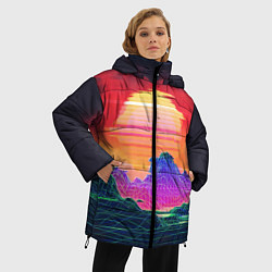 Куртка зимняя женская Синтвейв неоновые горы на закате, цвет: 3D-черный — фото 2