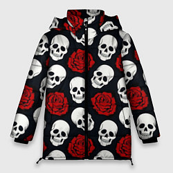 Куртка зимняя женская Весёлые черепки и розы, цвет: 3D-светло-серый