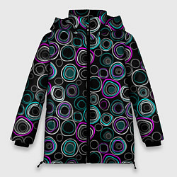Куртка зимняя женская Узор ретро круги и кольца на черном фоне, цвет: 3D-черный