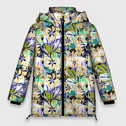 Куртка зимняя женская Цветочный узор на фоне в горошек, цвет: 3D-черный