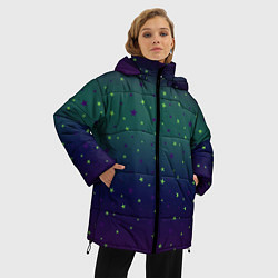 Куртка зимняя женская Неоновые зеленые и сиреневые звезды на темно зелен, цвет: 3D-светло-серый — фото 2