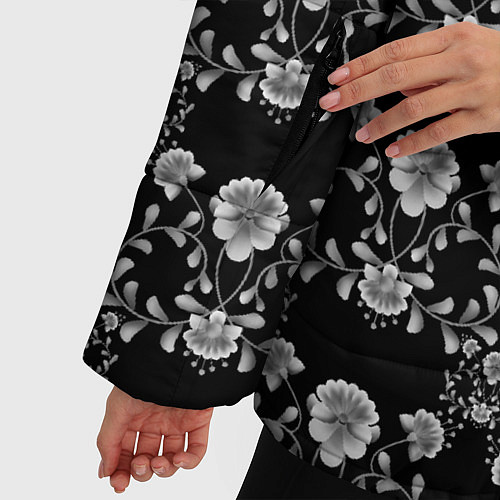 Женская зимняя куртка Черно-белый цветочный полосатый ретро узор / 3D-Светло-серый – фото 5
