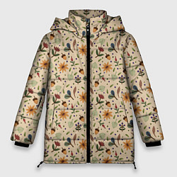 Куртка зимняя женская Растения на бежевом фоне, цвет: 3D-светло-серый