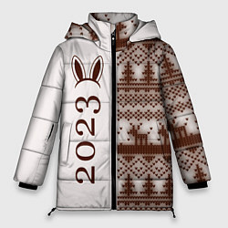 Куртка зимняя женская Кролик 2023 ушки: по-вертикали на светлом, цвет: 3D-черный