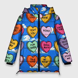 Куртка зимняя женская Валентинки конфетки сердечки с посланиями, цвет: 3D-черный