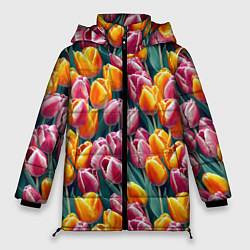Куртка зимняя женская Роскошные тюльпаны, цвет: 3D-черный