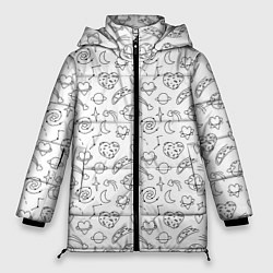 Куртка зимняя женская Дудлы с темой любви и космоса, цвет: 3D-черный