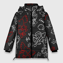 Женская зимняя куртка Летающие сердца купидоны розы на черном фоне