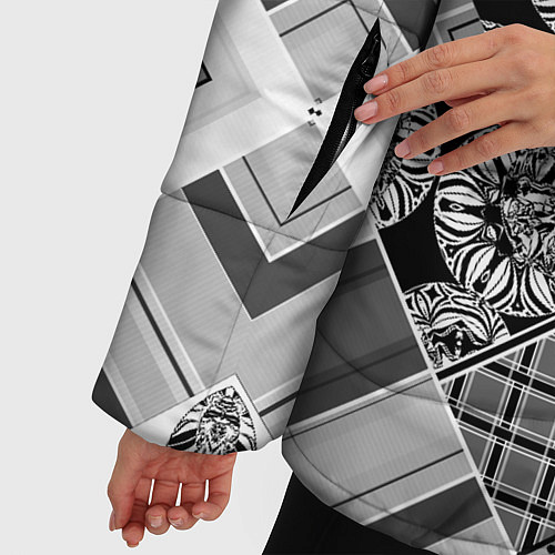 Женская зимняя куртка Черно белый этнический лоскутный узор / 3D-Светло-серый – фото 5
