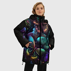 Куртка зимняя женская Разные неоновые бабочки, цвет: 3D-черный — фото 2