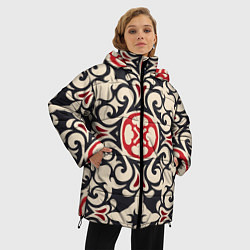 Куртка зимняя женская Паттерн из чёрных и красных символов, цвет: 3D-светло-серый — фото 2