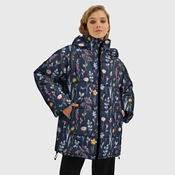 Куртка зимняя женская Акварельная цветочная полянка, цвет: 3D-черный — фото 2