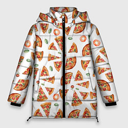 Куртка зимняя женская Кусочки пиццы - паттерн на белом, цвет: 3D-черный