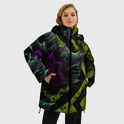 Куртка зимняя женская Фиолетовый цветок и зеленые абстрактные листья, цвет: 3D-черный — фото 2