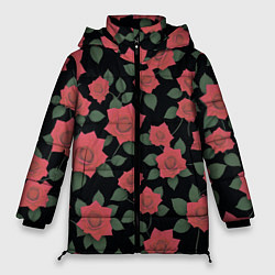 Куртка зимняя женская Алые розы на черном, цвет: 3D-черный