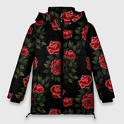 Куртка зимняя женская Красные розы на черном - паттерн, цвет: 3D-черный