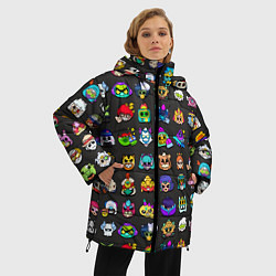 Куртка зимняя женская Значки на скины Бравл Старс Brawl Черный фон Пины, цвет: 3D-светло-серый — фото 2