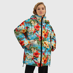 Куртка зимняя женская Светлый гавайский фон и цветы, цвет: 3D-черный — фото 2