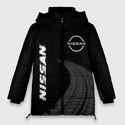 Куртка зимняя женская Nissan speed на темном фоне со следами шин: надпис, цвет: 3D-черный