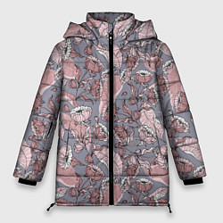 Куртка зимняя женская Нежный цветочный принт, листья, цвет: 3D-красный